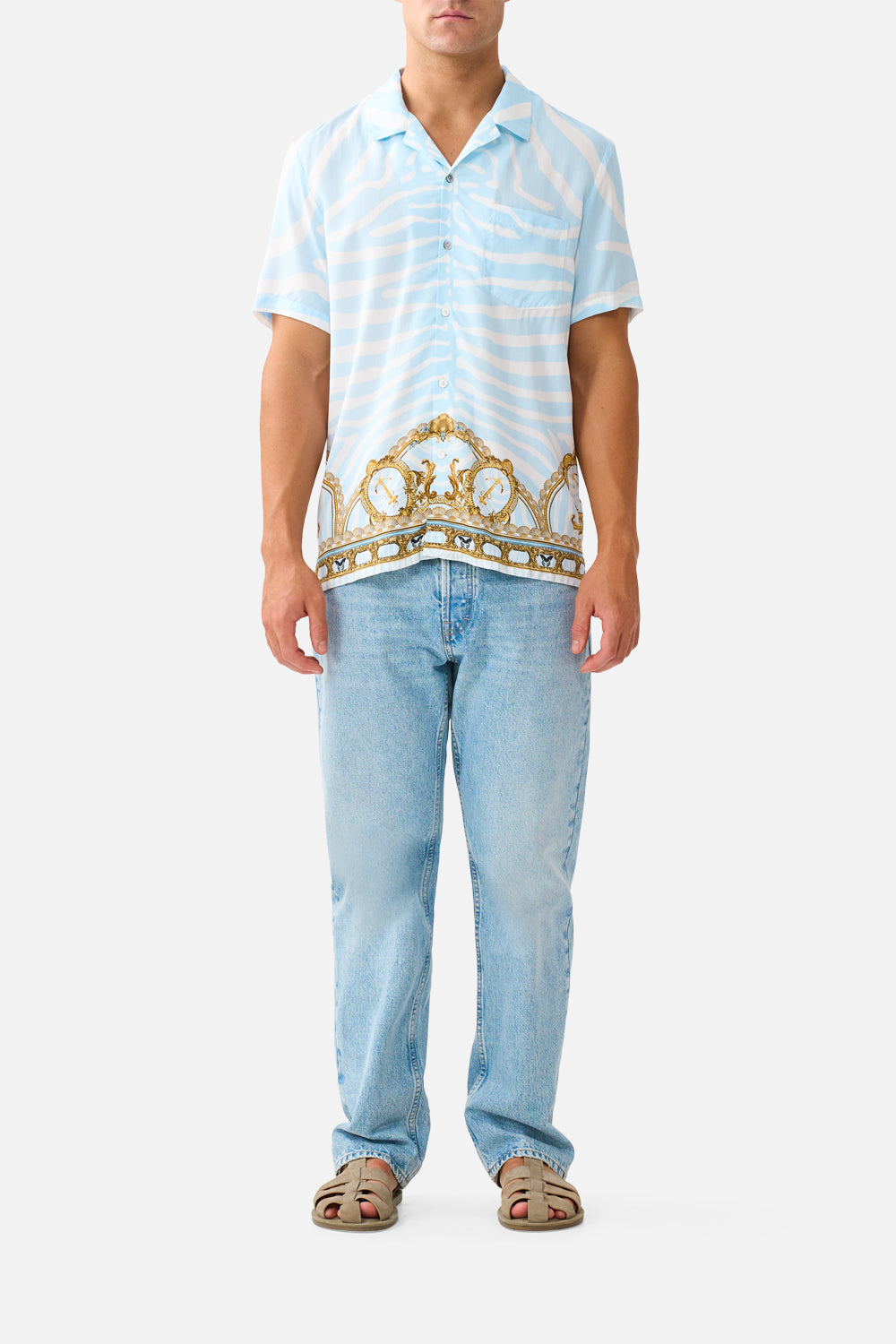 The CAMILLA Short Sleeve Camp Collared Shirt in our Spirit of Stripes print, front view on model.