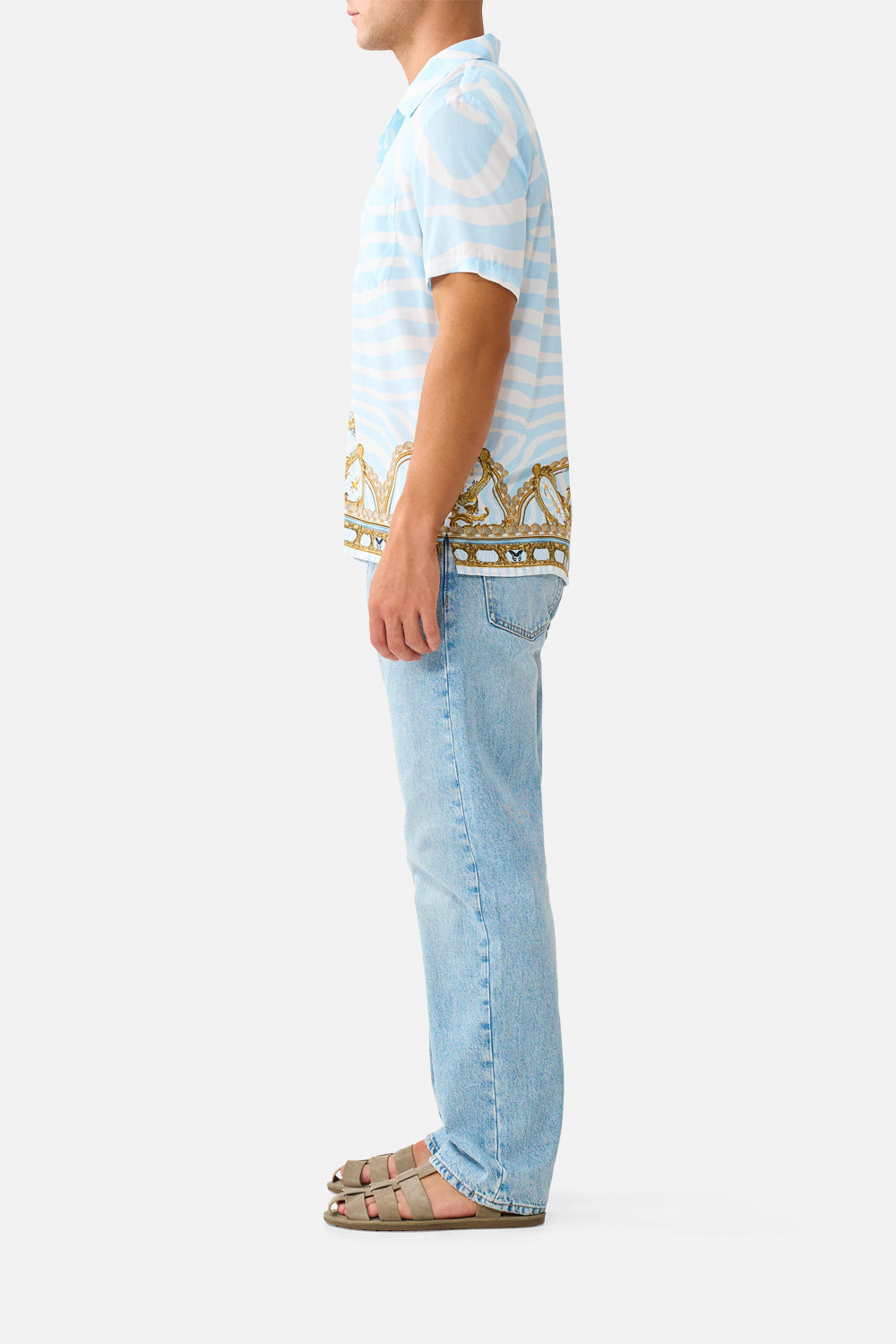 The CAMILLA Short Sleeve Camp Collared Shirt in our Spirit of Stripes print, side view on model.