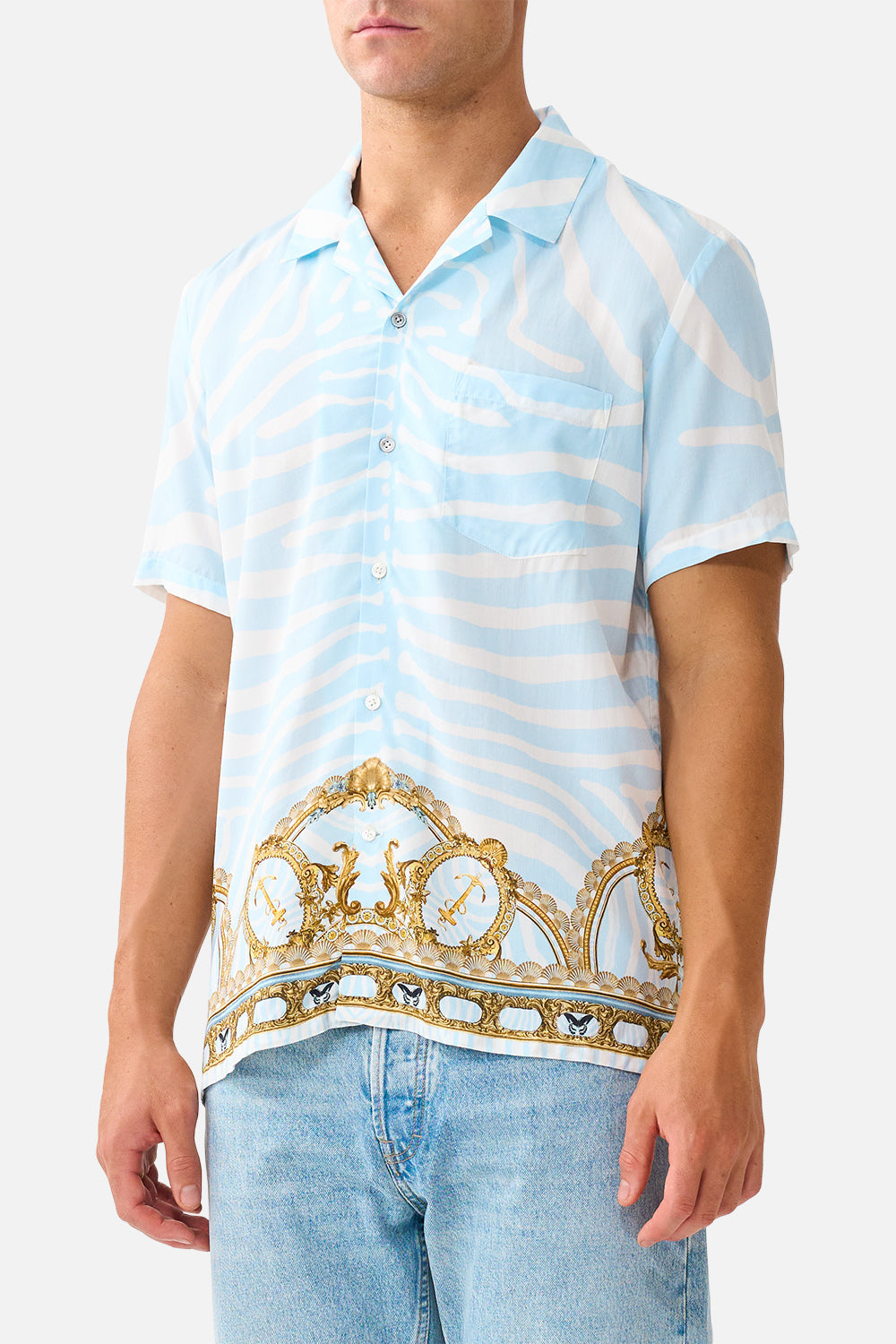 The CAMILLA Short Sleeve Camp Collared Shirt in Print Spirit of Stripes. Model View