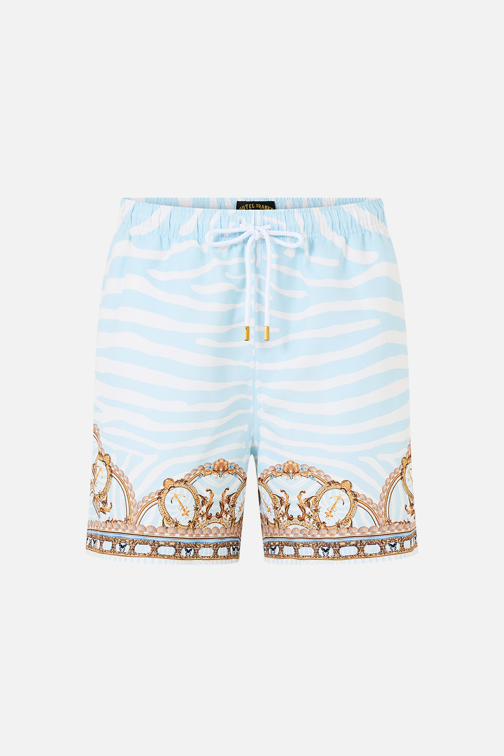 The CAMILLA Mid Length Boardshort With Elastic Waist in Print Spirit of Stripes. Ghost View Front