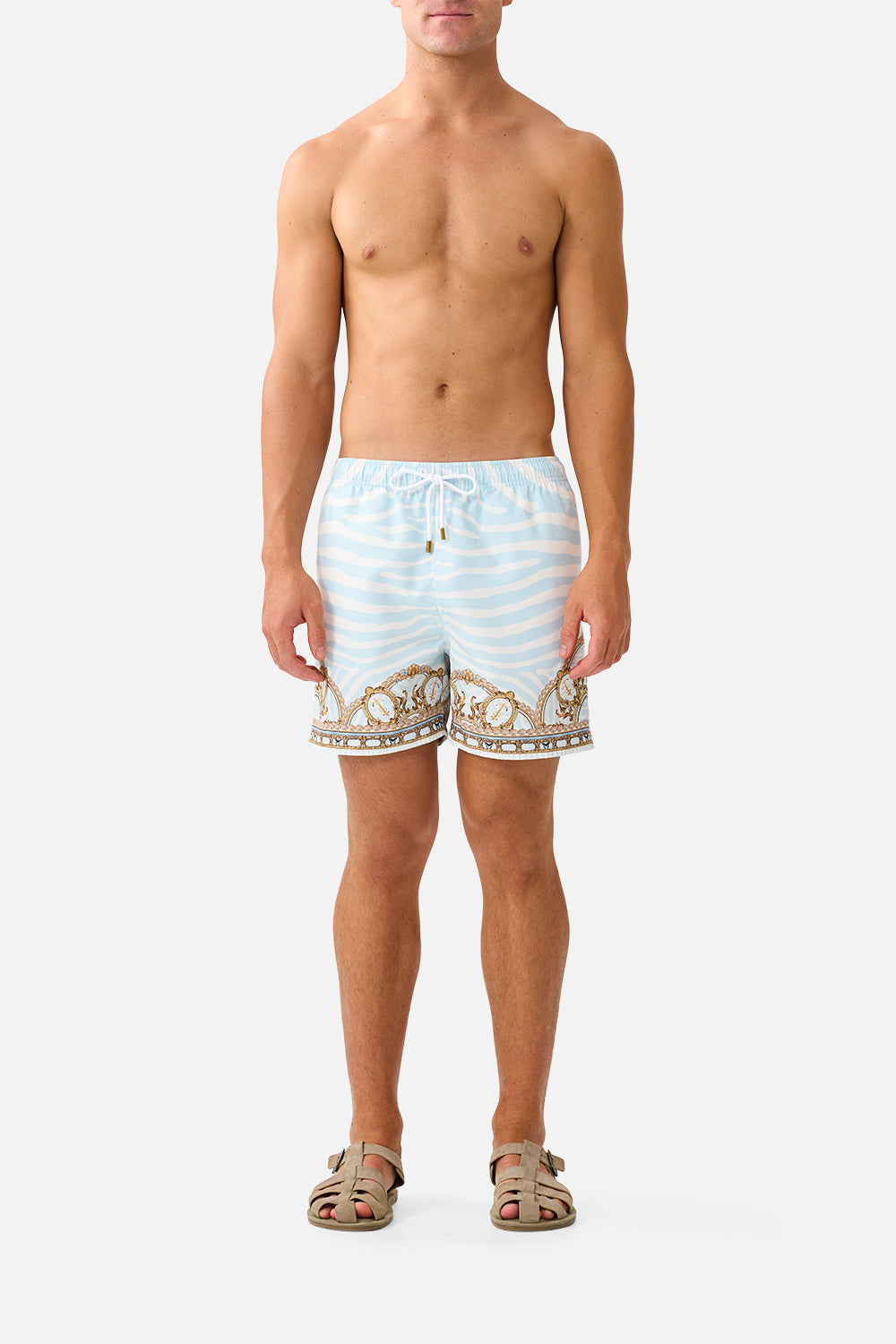 The CAMILLA Mid Length Boardshort With Elastic Waist in Print Spirit of Stripes. Model View