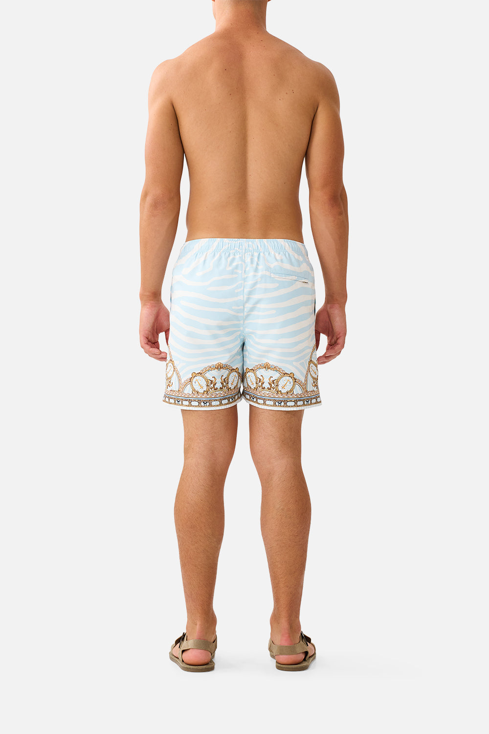 The CAMILLA Mid Length Boardshort With Elastic Waist in Print Spirit of Stripes. Model View