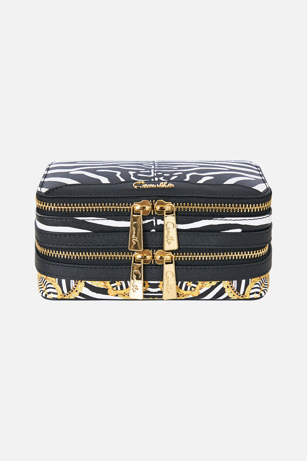 The CAMILLA Small Jewellery Case in Print Zig Zag Zoo. Ghost View Front