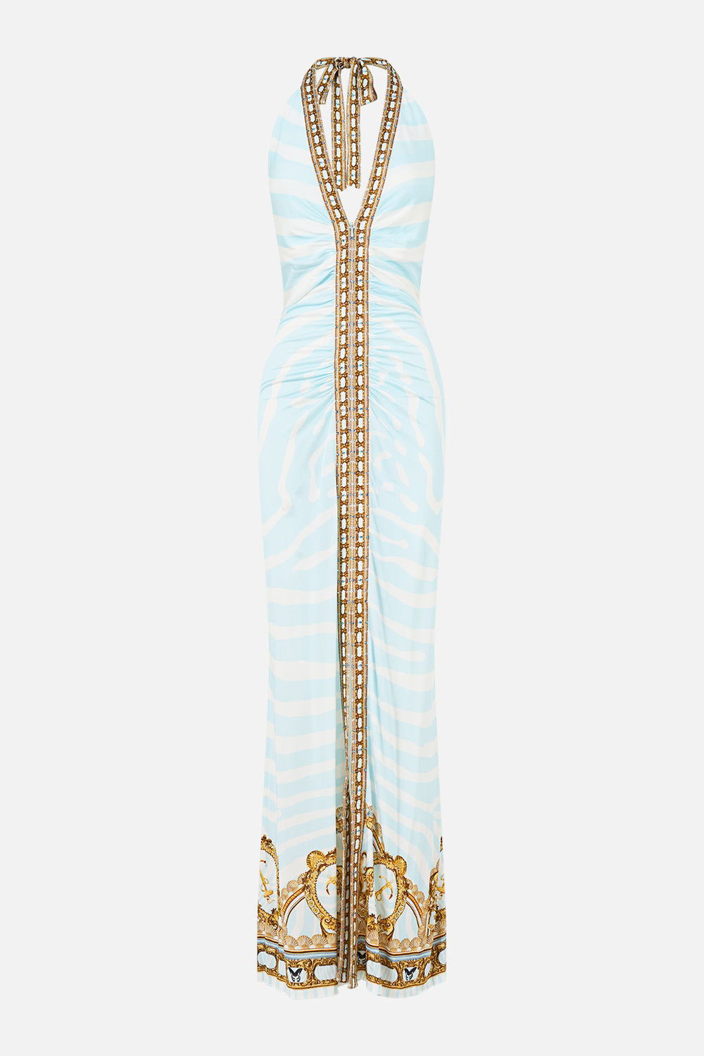 The CAMILLA Ruched Front Halter Dress in our Spirit of Stripes print, front view.