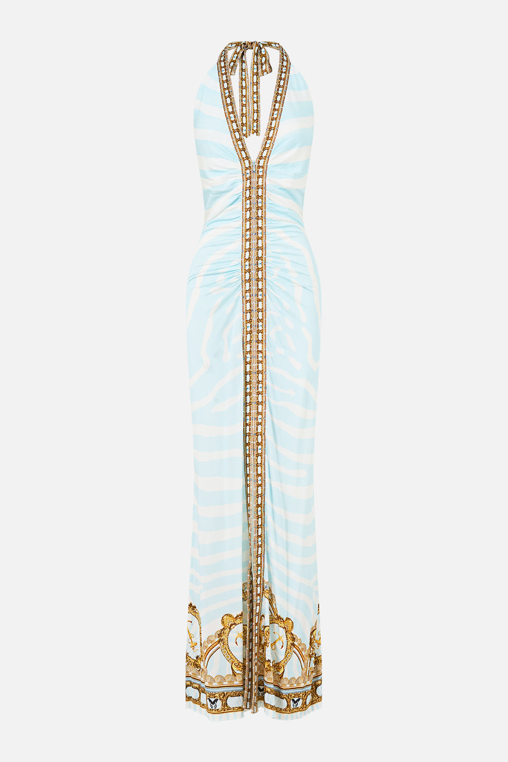 The CAMILLA Ruched Front Halter Dress in Print Spirit of Stripes. Ghost View Front