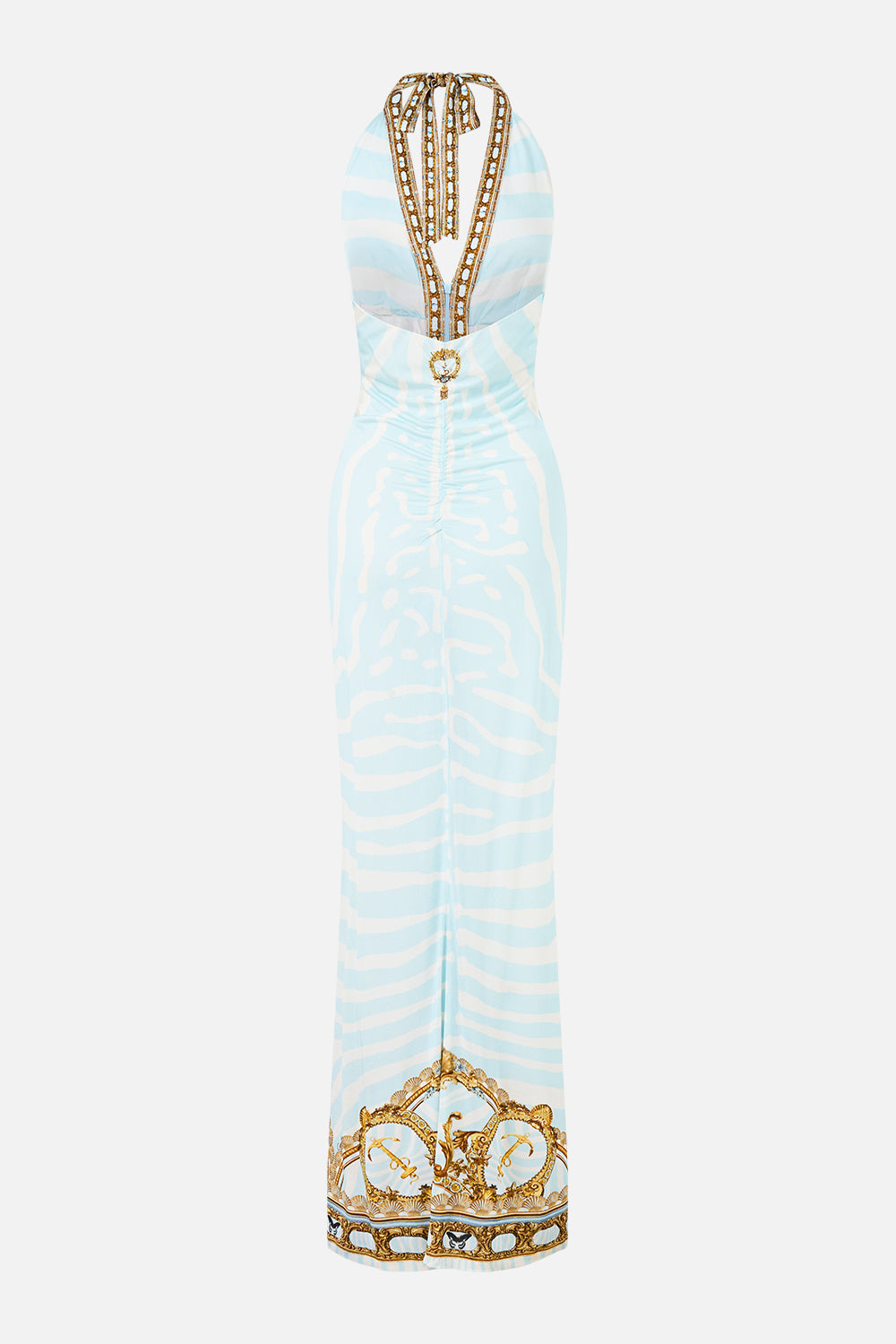The CAMILLA Ruched Front Halter Dress in our Spirit of Stripes print, back view.