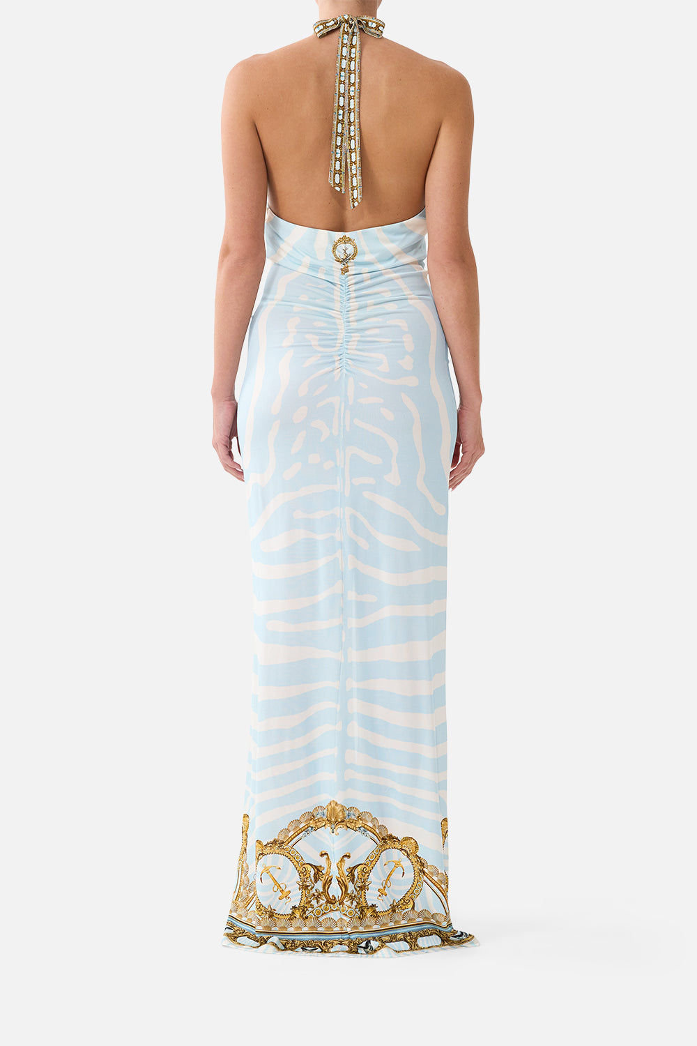 The CAMILLA Ruched Front Halter Dress in Print Spirit of Stripes. Model View