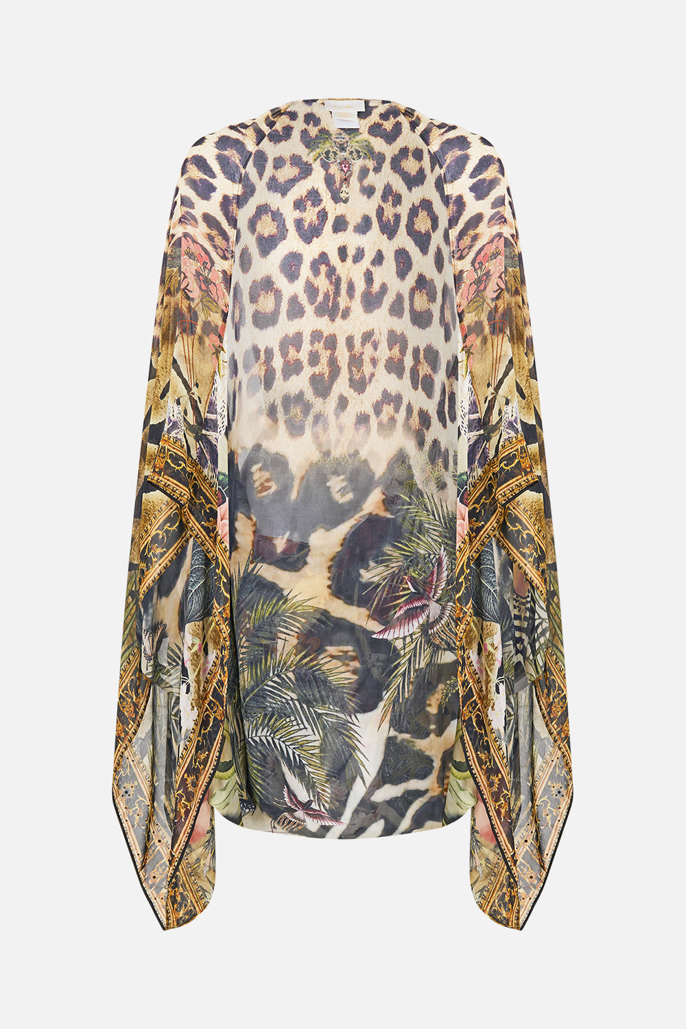 The CAMILLA Silk Chiffon Shrug Leotigra Land in our Leotigra Land print.