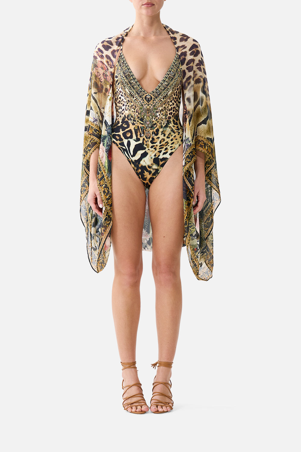 The CAMILLA Silk Chiffon Shrug Leotigra Land in our Leotigra Land print.