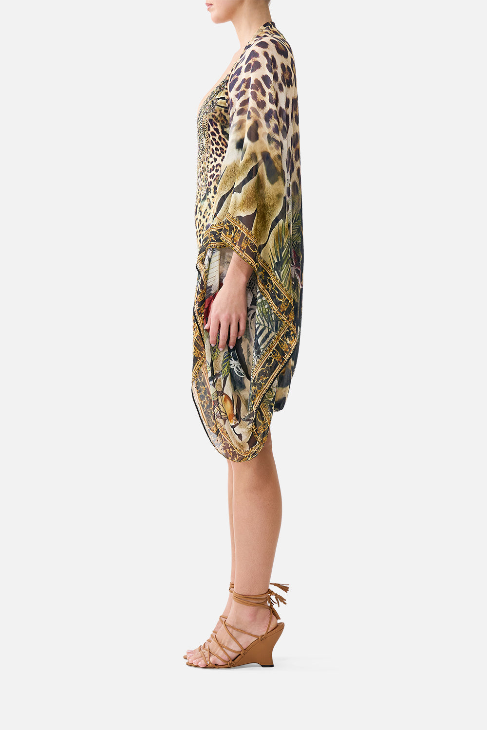The CAMILLA Silk Chiffon Shrug Leotigra Land in our Leotigra Land print.