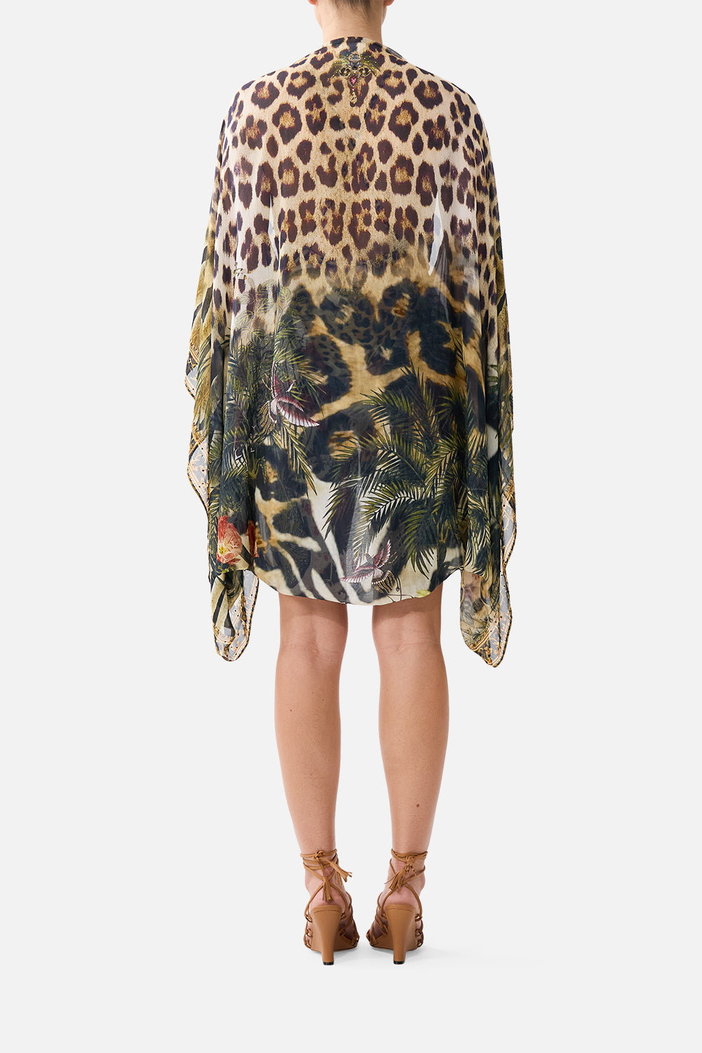 The CAMILLA Silk Chiffon Shrug Leotigra Land in our Leotigra Land print.