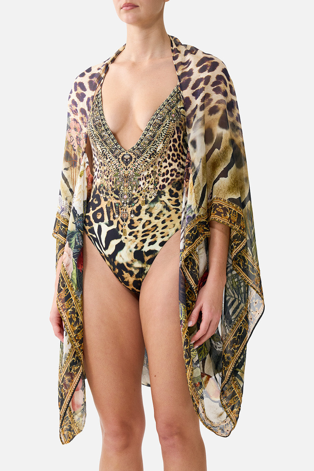 The CAMILLA Silk Chiffon Shrug Leotigra Land in our Leotigra Land print.