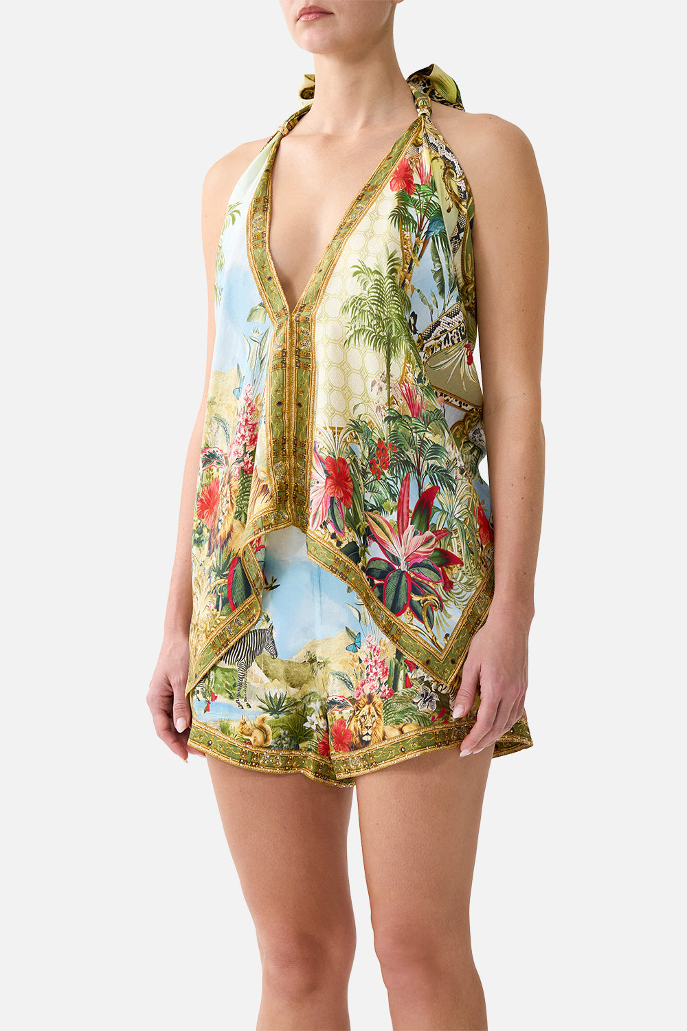 The CAMILLA Scarf Tie Top Wanderlust Empire in our Wanderlust Empire print.