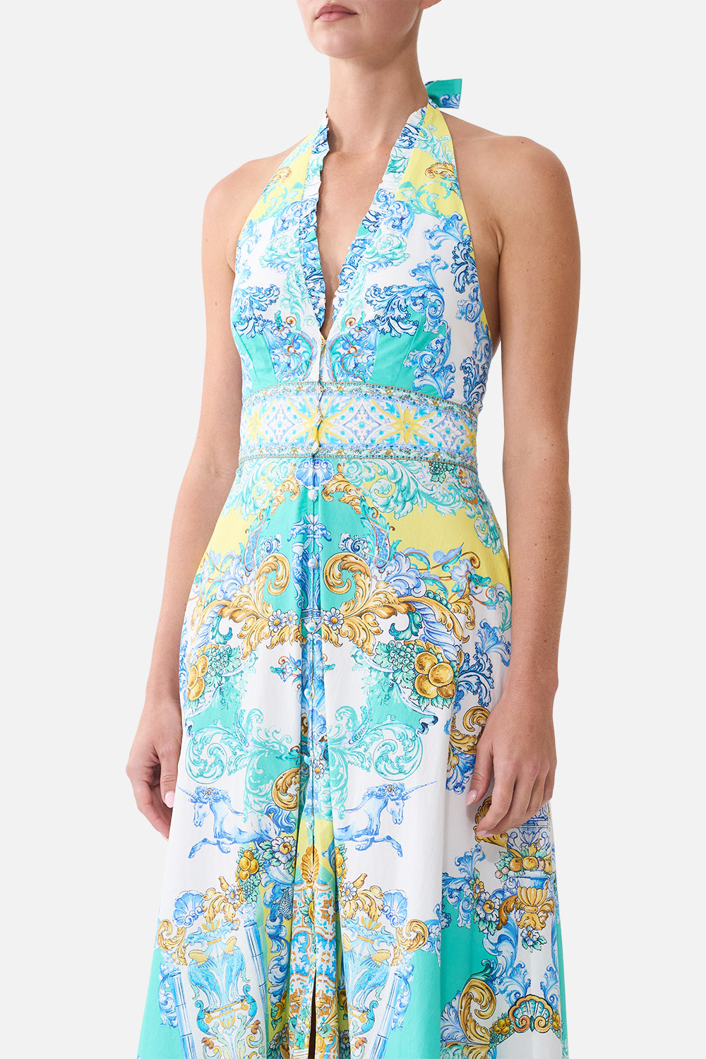 The CAMILLA JERSEY BODICE SHORT DRESS WITH BELT THE PORCELAIN PARLOUR in our THE PORCELAIN PARLOUR print.