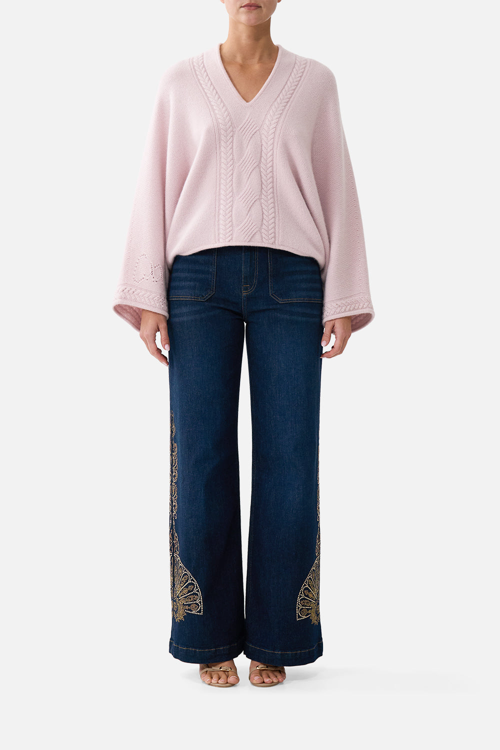 The CAMILLA Cashmere Knit Relaxed V Neck Sweater Chamber Of Blooms in our Chamber Of Blooms print.
