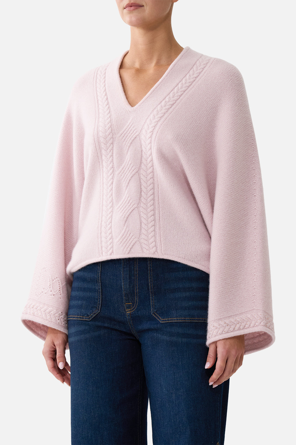 The CAMILLA Cashmere Knit Relaxed V Neck Sweater Chamber Of Blooms in our Chamber Of Blooms print.