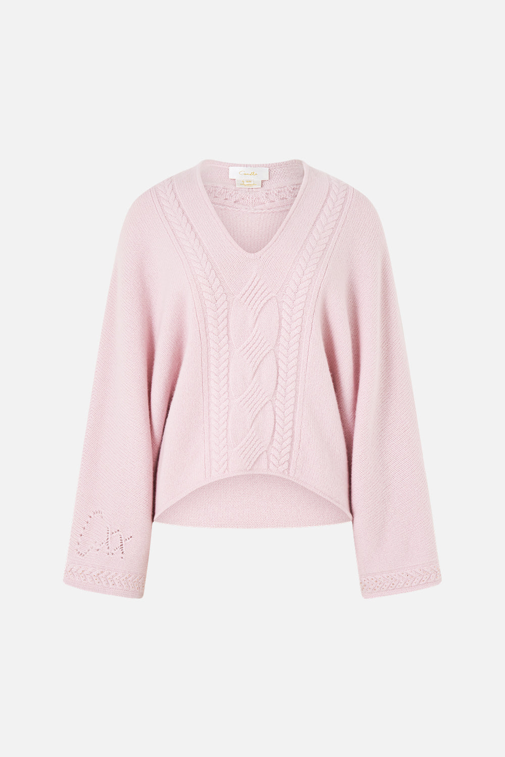 The CAMILLA Cashmere Knit Relaxed V Neck Sweater Chamber Of Blooms in our Chamber Of Blooms print.