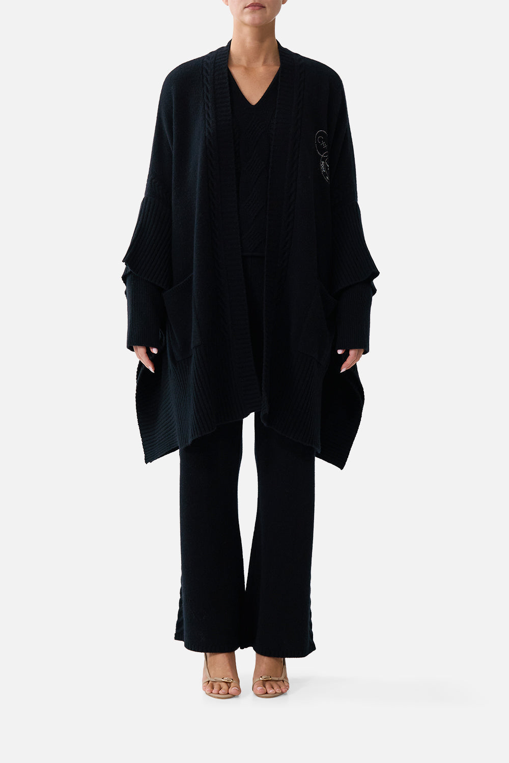 The CAMILLA Cashmere Knit Oversized Layer Night Garden in our Night Garden print.
