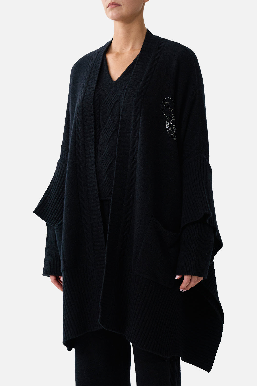 The CAMILLA Cashmere Knit Oversized Layer Night Garden in our Night Garden print.