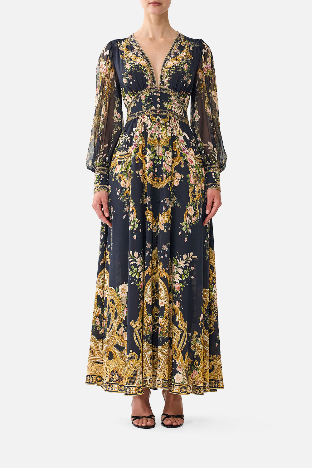 SHAPED WAIST V-NECK MAXI DRESS VERSAILLES OR DIE