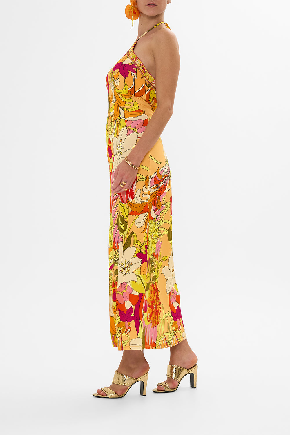 CAMILLA floral long jersey halter dress in The Flower Child Society print.
