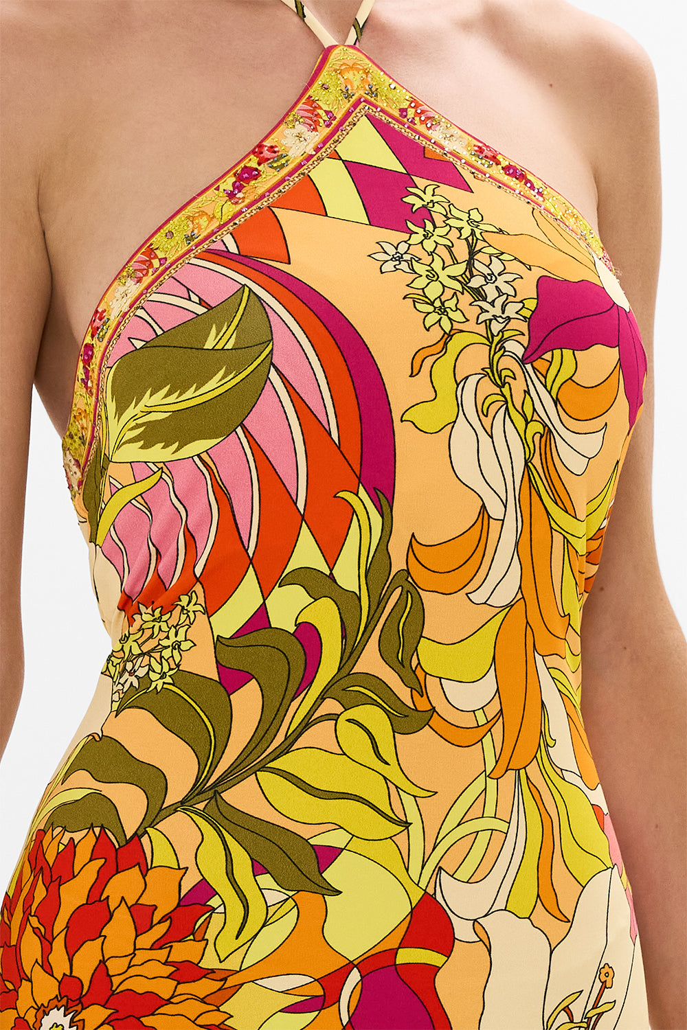CAMILLA floral long jersey halter dress in The Flower Child Society print.