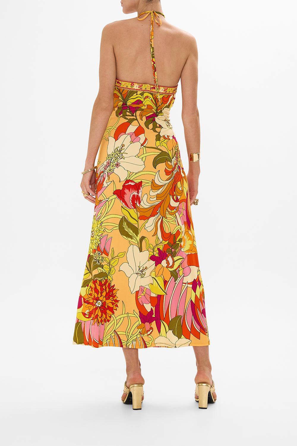 CAMILLA floral long jersey halter dress in The Flower Child Society print.