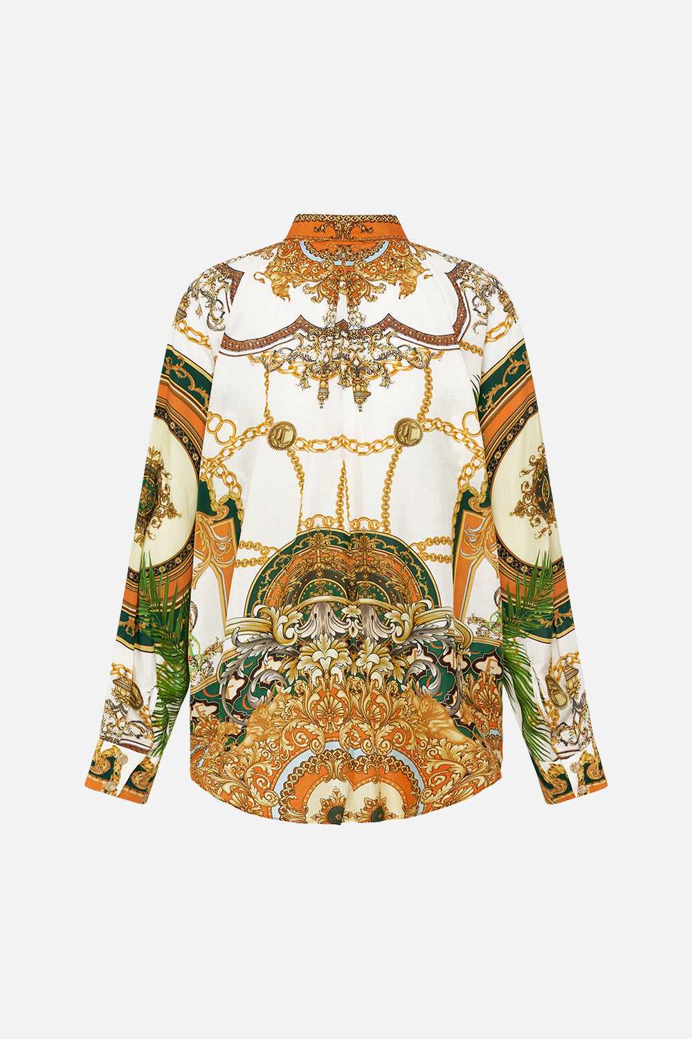 Back product view of CAMILLA silk cotton blouse in My Sweet Devotion print