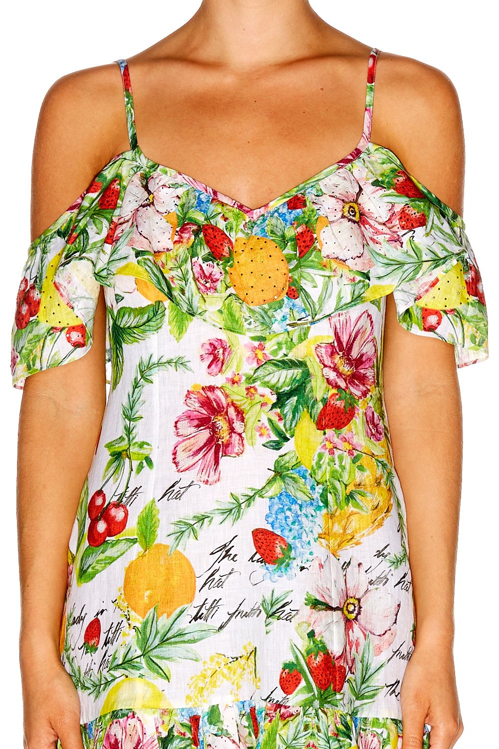 THERES NO PLACE LIKE RIO LOW V BACK DRESS W FRILL