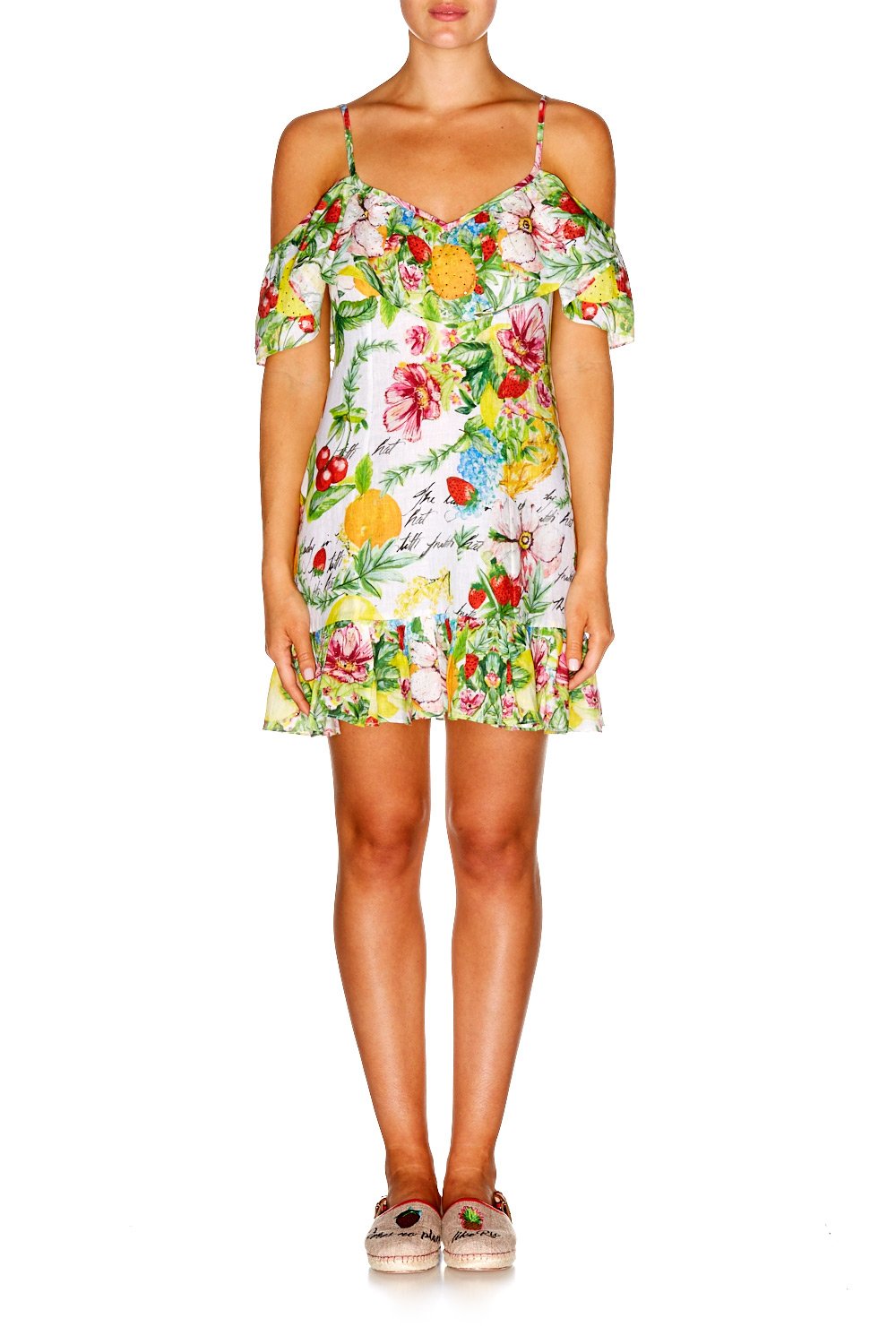 THERES NO PLACE LIKE RIO LOW V BACK DRESS W FRILL