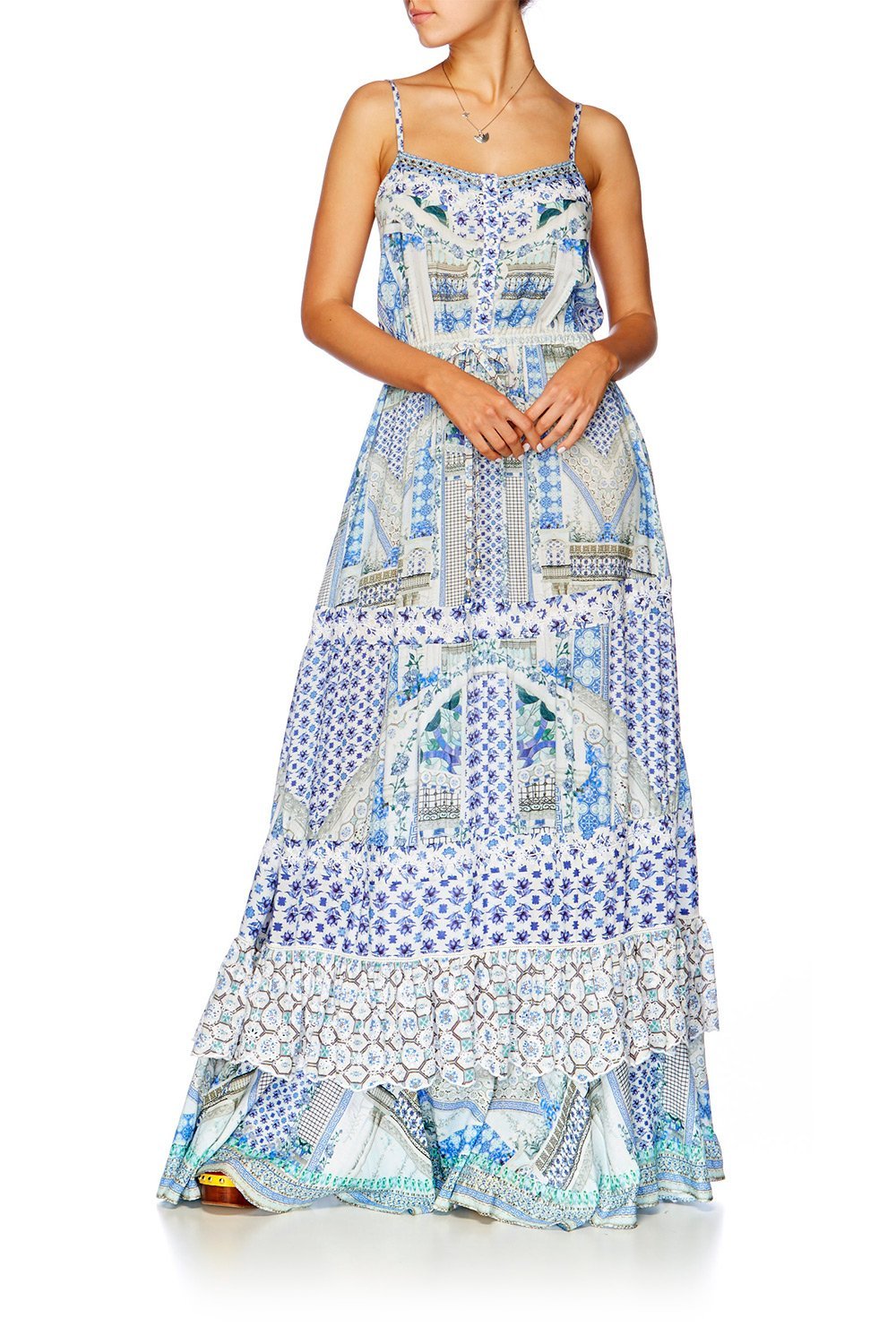 SALVADOR SUMMER TIERED FRILL HEM LONG DRESS