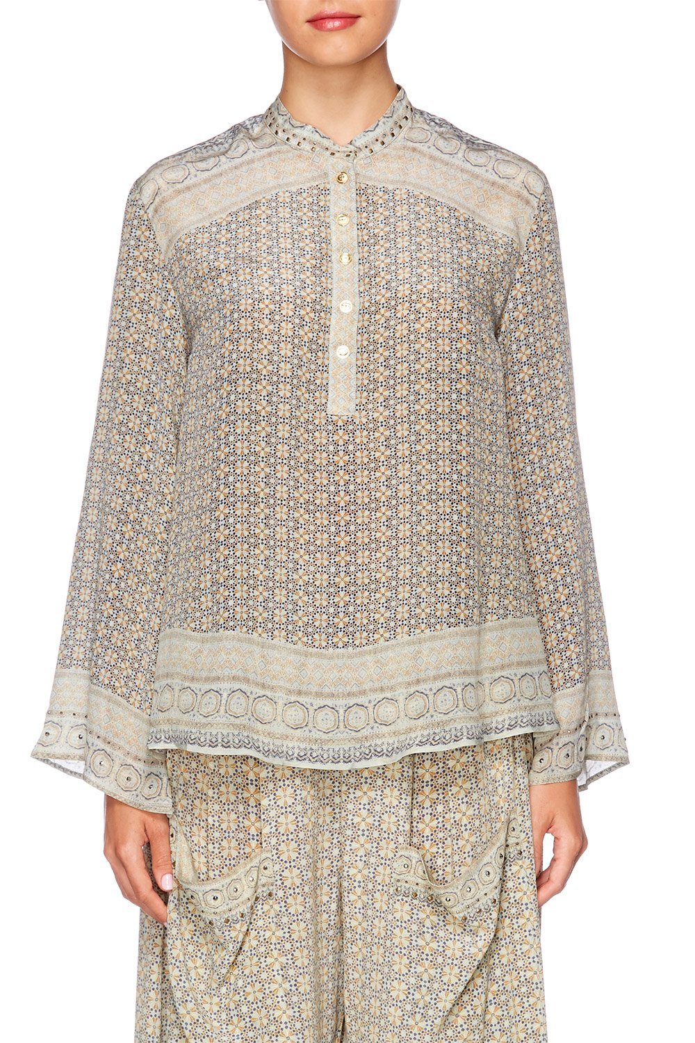 THREADED UNION WIDE SLEEVE BUTTON UP BLOUSE