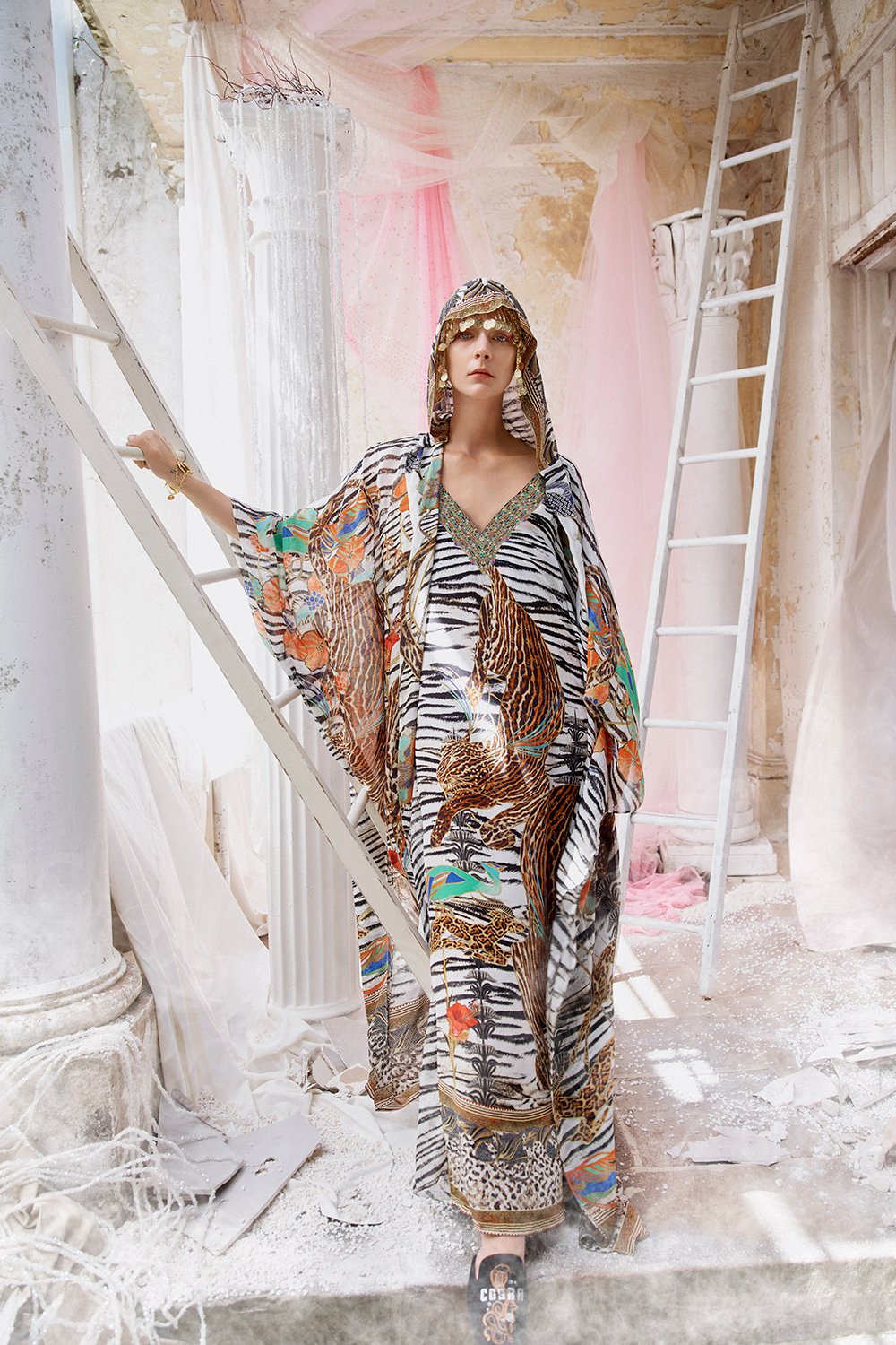 V-NECK DRESS WITH BACK OVERLAYER COSMIC CONFLICT