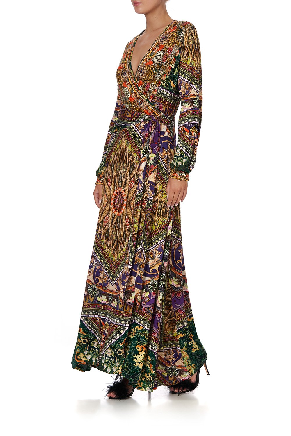 V NECK WRAP LONG DRESS MANDALA