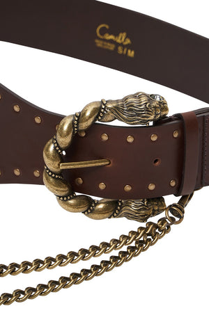 DOUBLE LION BUCKLE BELT WITH CHAIN SOLID BROWN