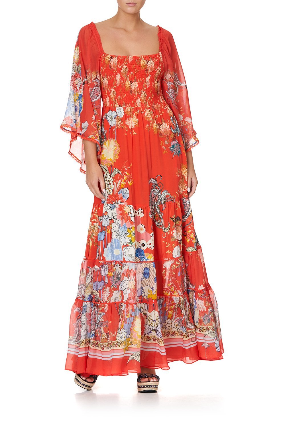 SHIRRED BODICE TIERED DRESS PAISLEY IN PATCHES