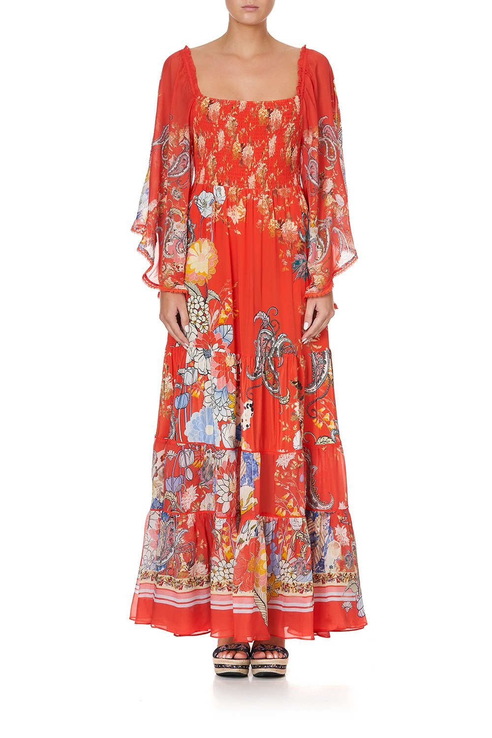 SHIRRED BODICE TIERED DRESS PAISLEY IN PATCHES