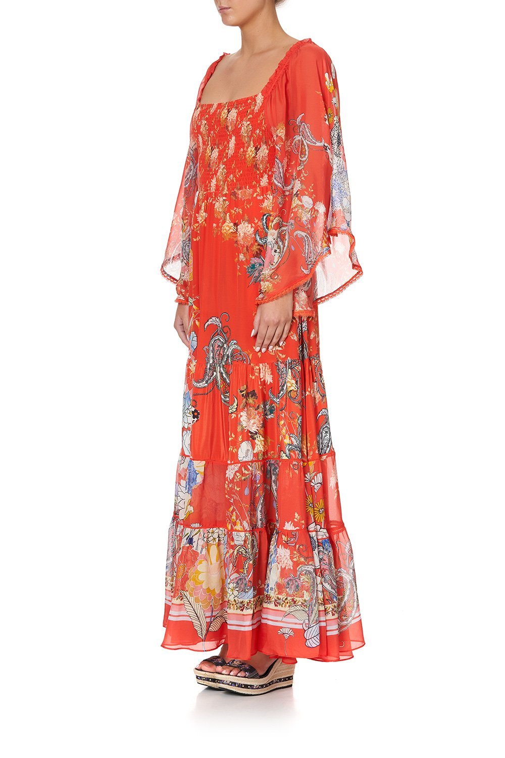 SHIRRED BODICE TIERED DRESS PAISLEY IN PATCHES