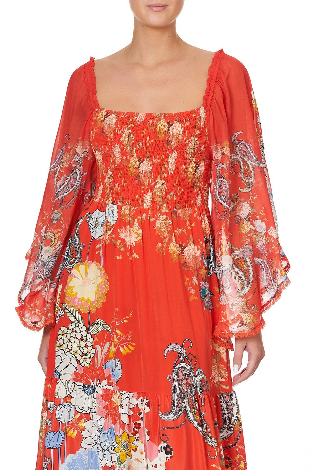 SHIRRED BODICE TIERED DRESS PAISLEY IN PATCHES