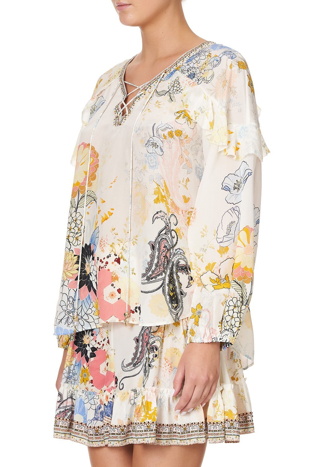 BLOUSON SLEEVE LACE UP BLOUSE BRITAIN BOUQUET