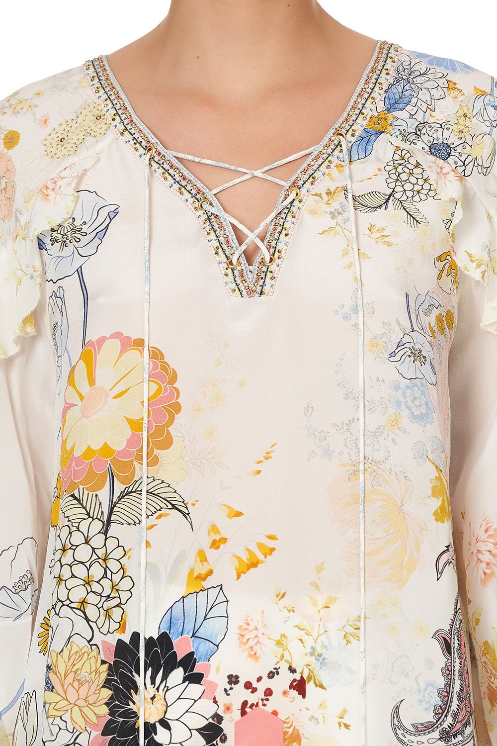 BLOUSON SLEEVE LACE UP BLOUSE BRITAIN BOUQUET