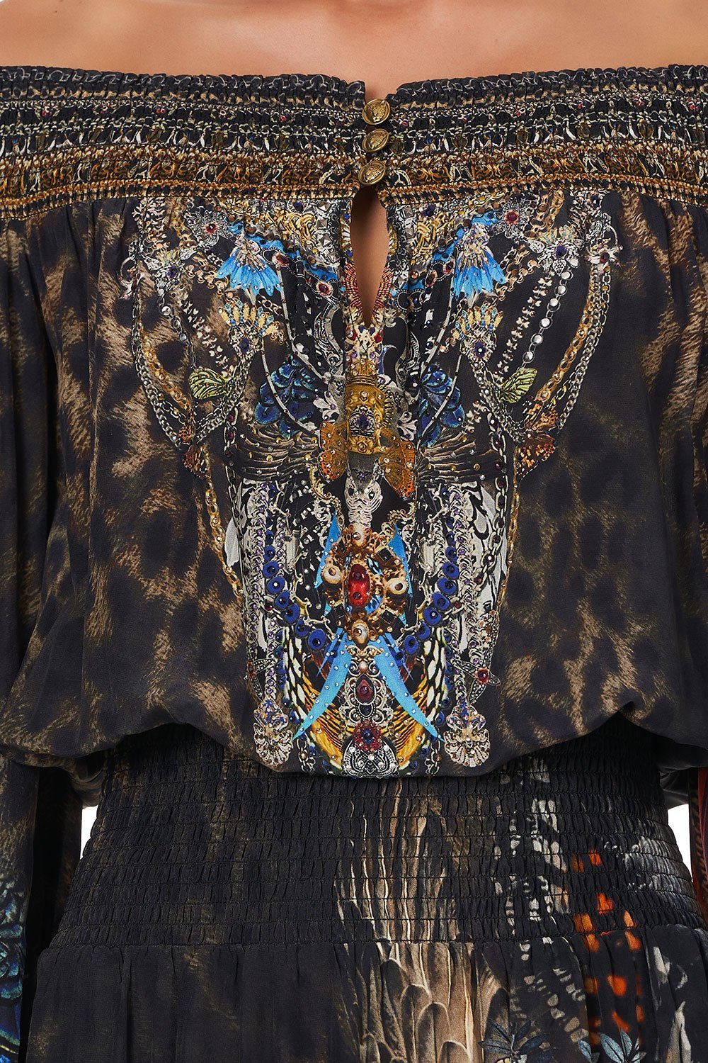 OFF SHOULDER SHIRRED DRESS TREASURE CHASER