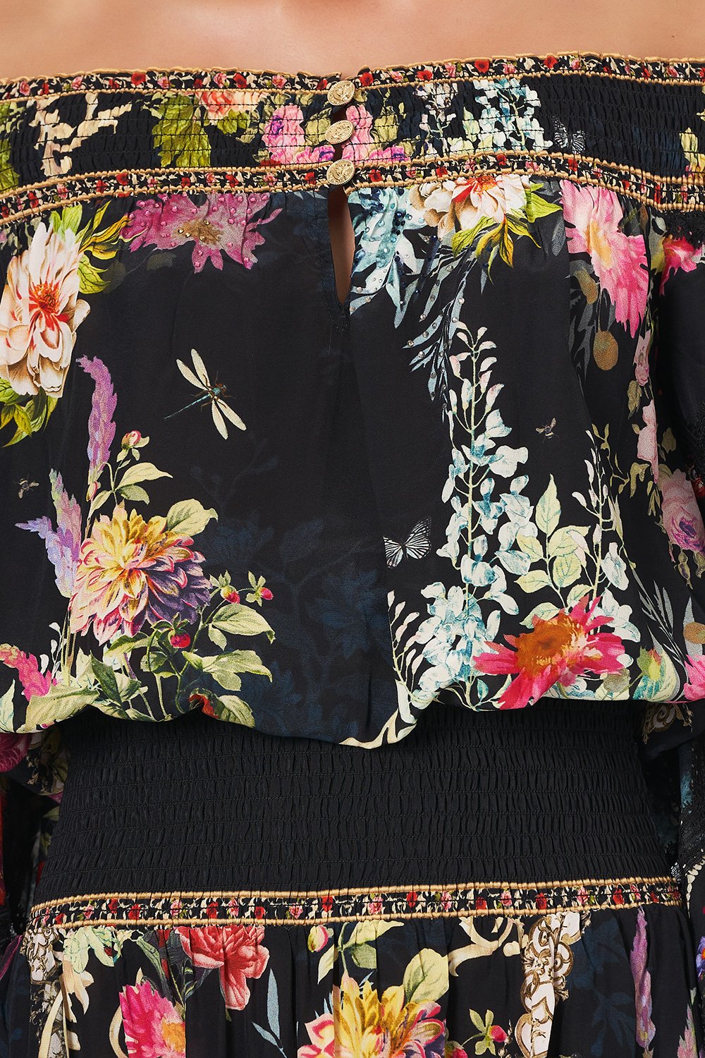 OFF SHOULDER SHIRRED DRESS HAMPTON HIVE