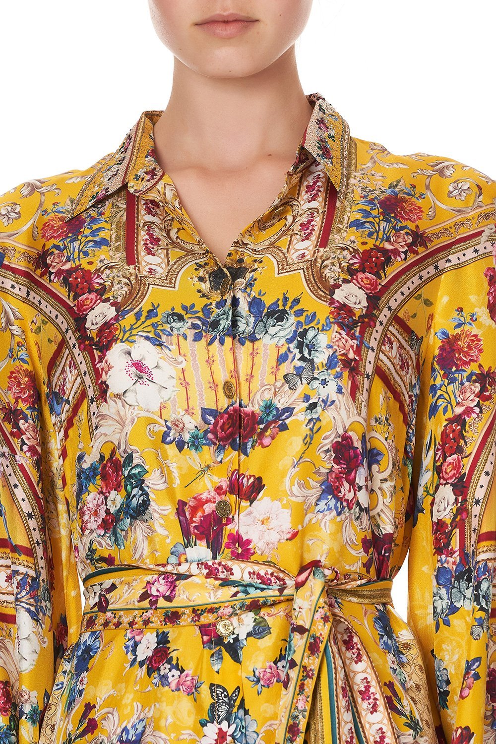 HIGH LOW MIDI SHIRT DRESS CROWNED ROSES