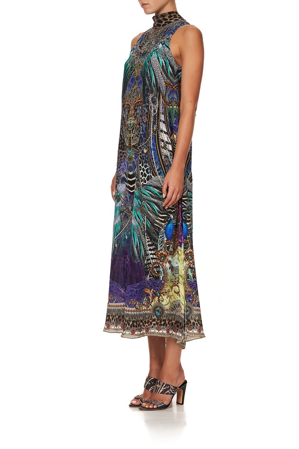 HIGH NECK DRESS WITH BACK NECK TIE ANIMAL ARMY