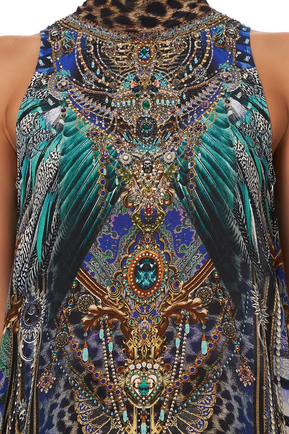 HIGH NECK DRESS WITH BACK NECK TIE ANIMAL ARMY