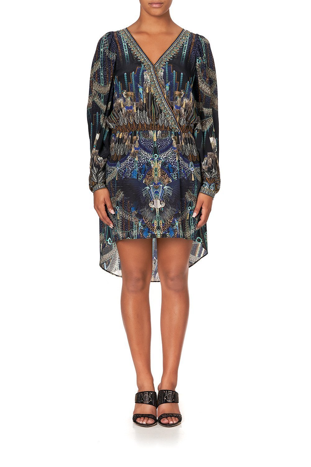 CROSS FRONT HIGH LOW MINI DRESS DRIPPING IN DECO