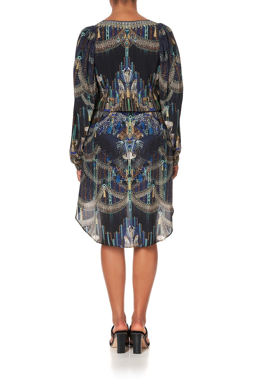 CROSS FRONT HIGH LOW MINI DRESS DRIPPING IN DECO