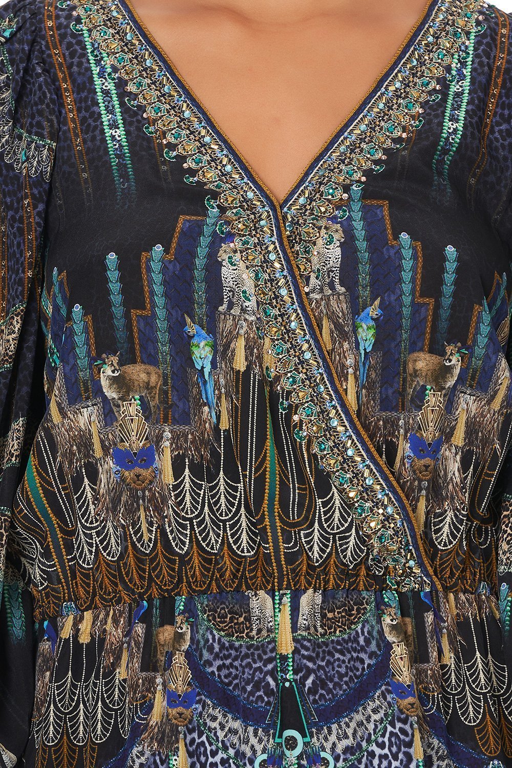 CROSS FRONT HIGH LOW MINI DRESS DRIPPING IN DECO