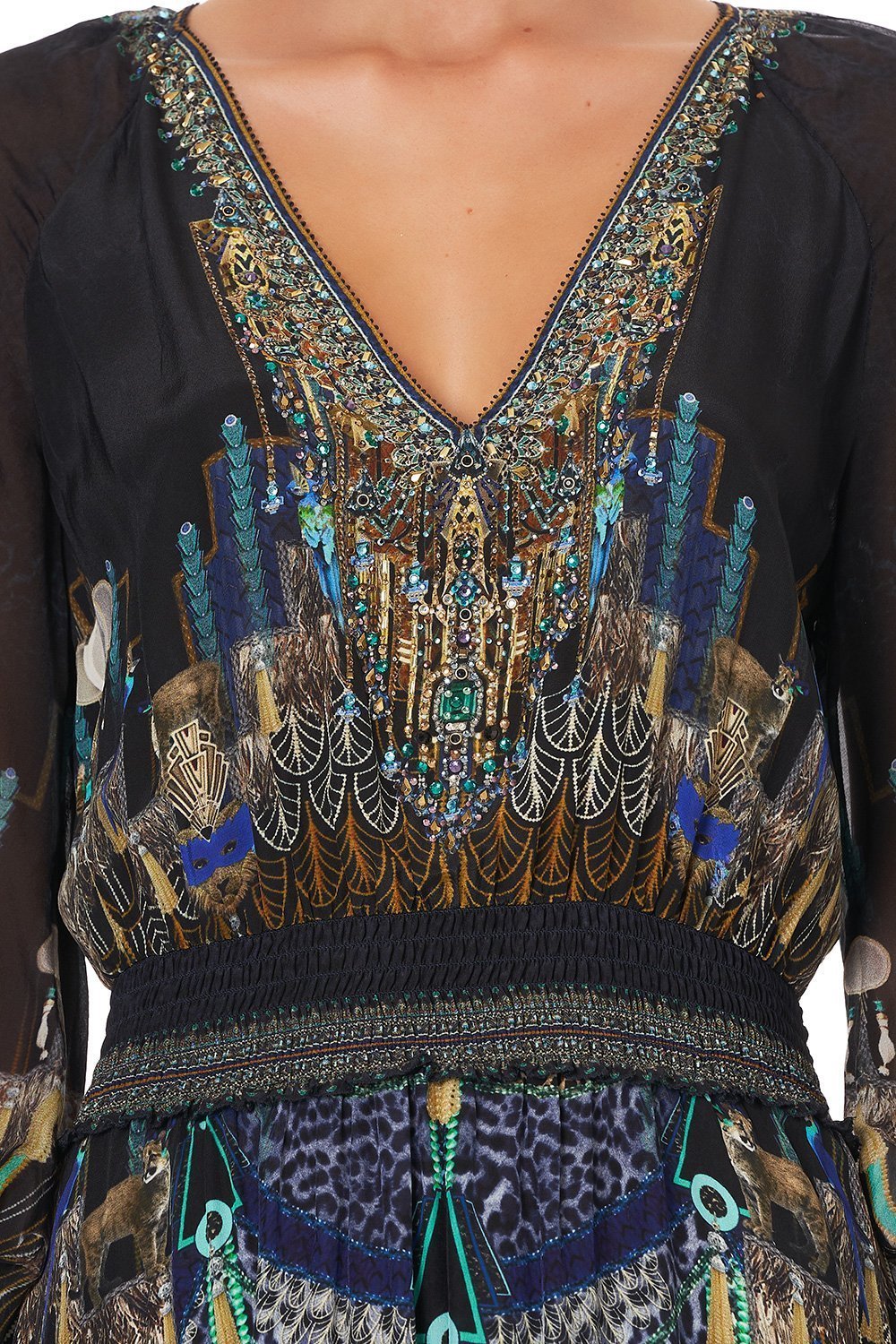 DRESS WITH SHIRRED WAIST AND CUFF DRIPPING IN DECO